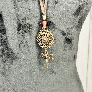 Flowers Dragonfly Necklace Antiqued Bronze Tone Leather Long 34"